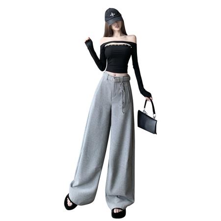 FA50967# 新款灰色羊毛弯刀阔腿裤女秋冬宽松显瘦抽绳直筒拖地长裤 服裝批發女裝批發服飾貨源