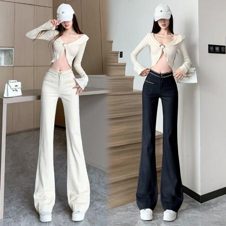 FA50968# 小香风白色高腰加绒微喇休闲裤秋冬新款小众保暖显瘦马蹄拖地裤子 服裝批發女裝批發服飾貨源