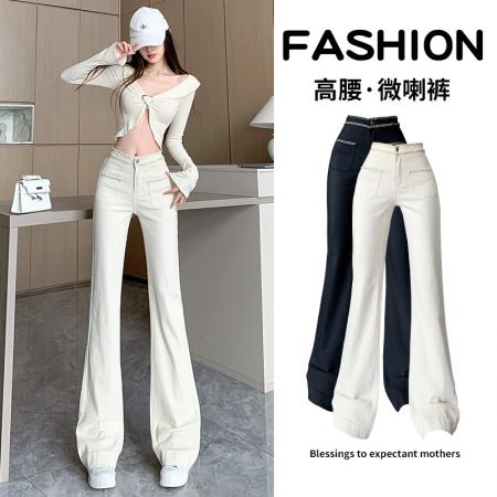 FA50968# 小香风白色高腰加绒微喇休闲裤秋冬新款小众保暖显瘦马蹄拖地裤子 服裝批發女裝批發服飾貨源