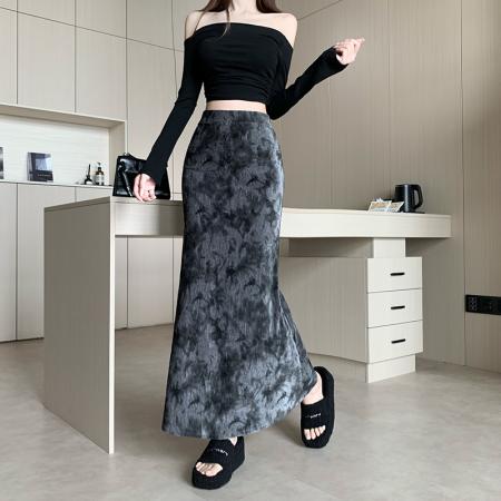 FA50971# 复古高级感时髦蕾丝绣丝绒半身裙女新款高腰显瘦包臀鱼尾长裙 服裝批發女裝批發服飾貨源