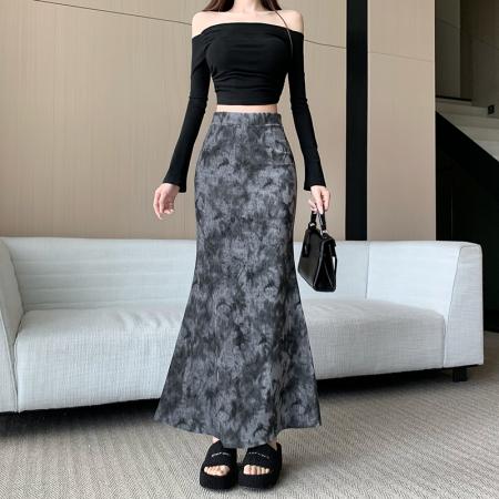 FA50971# 复古高级感时髦蕾丝绣丝绒半身裙女新款高腰显瘦包臀鱼尾长裙 服裝批發女裝批發服飾貨源