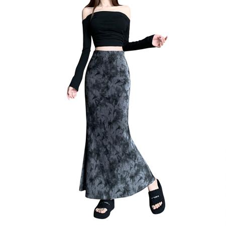 FA50971# 复古高级感时髦蕾丝绣丝绒半身裙女新款高腰显瘦包臀鱼尾长裙 服裝批發女裝批發服飾貨源