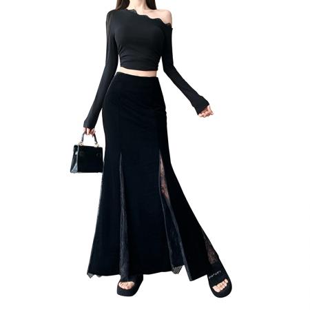 FA50972# 时髦秋冬金丝绒蕾丝拼接显高显瘦半身裙胖MM高腰显瘦包臀鱼尾裙女 服裝批發女裝批發服飾貨源