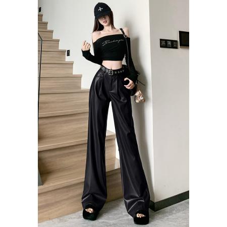 FA50974# 高级感黑色pu皮阔腿裤女秋冬新款时尚辣妹高腰宽松休闲拖地裤 服裝批發女裝批發服飾貨源