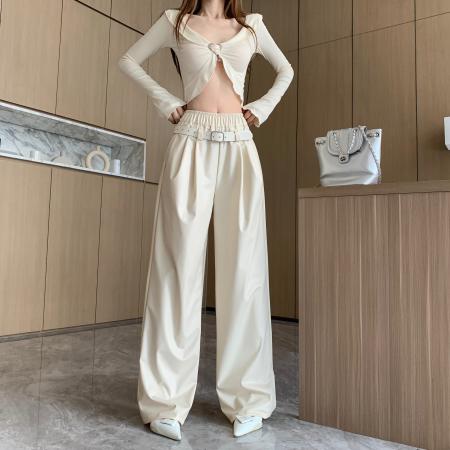 FA50976# 冬秋新款美式高级压皱休闲直筒皮裤女小众设计高腰显瘦百搭阔腿裤 服裝批發女裝批發服飾貨源