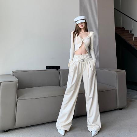 FA50976# 冬秋新款美式高级压皱休闲直筒皮裤女小众设计高腰显瘦百搭阔腿裤 服裝批發女裝批發服飾貨源