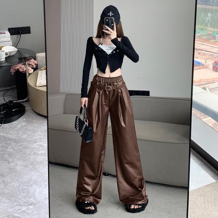 FA50976# 冬秋新款美式高级压皱休闲直筒皮裤女小众设计高腰显瘦百搭阔腿裤 服裝批發女裝批發服飾貨源