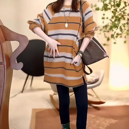 FA50980# 橘味活力秋冬松弛感气质美感条纹卫衣 服裝批發女裝批發服飾貨源