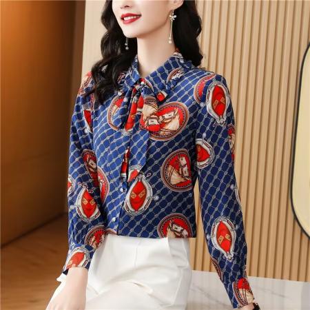 FA50981# 秋季新款女装法式蝴蝶结真丝衬衫女时尚洋气女士桑蚕丝上衣 服裝批發女裝批發服飾貨源