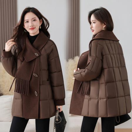 FA51018# 年冬季欧美中长款拼接羽绒棉服女宽松翻领时尚大码棉袄外套   服裝批發女裝批發服飾貨源