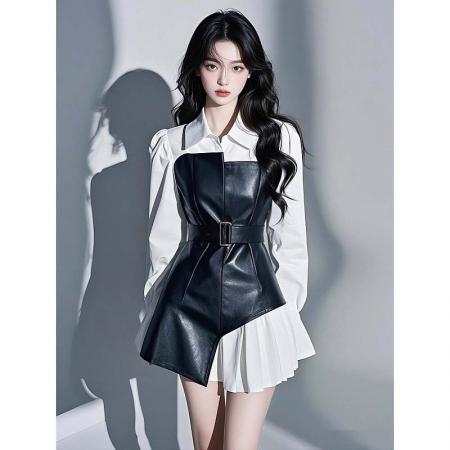 【送腰带】外贸爆款超火高级感超千金风黑色拼接撞色长袖连衣裙女   服裝批發女裝批發服飾貨源