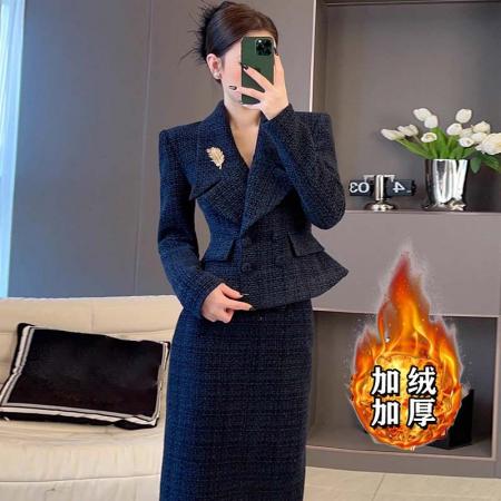 冬季加绒加厚两件套高级感气质名媛小香风外套正式场合套装女   服裝批發女裝批發服飾貨源