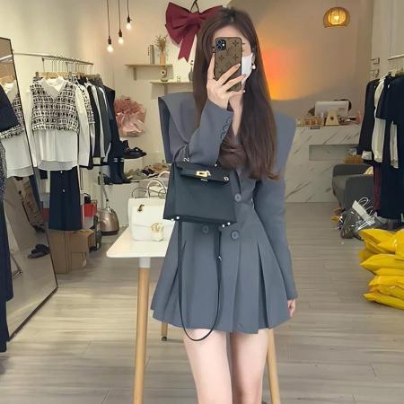 春季新款拼接领披肩时尚收腰西装裙女显瘦小个子高级感连衣裙   服裝批發女裝批發服飾貨源