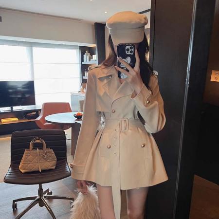 【送腰带】英伦风双排扣收腰系带风衣女气质短款外套   服裝批發女裝批發服飾貨源