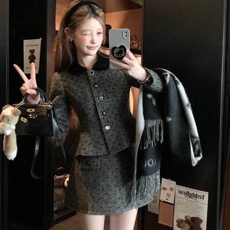 秋冬小香风套装裙女超好看收腰波点毛呢外套高腰a字半身裙两件套   服裝批發女裝批發服飾貨源