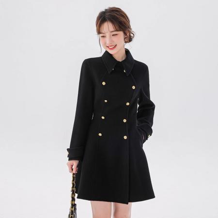 秋冬新款双排扣毛呢外套女显瘦收腰大衣小个子修身风衣中长款   服裝批發女裝批發服飾貨源
