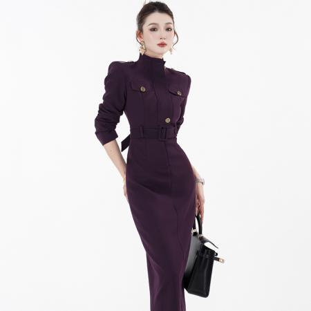 气质感长袖紫色轻奢百搭裙子收腰内搭修身显瘦时尚女装连衣裙   服裝批發女裝批發服飾貨源