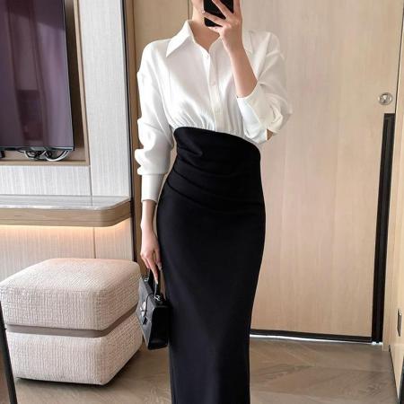 法式小香风套装裙女秋季新款蝴蝶结撞色衬衫开包臀半身裙批发   服裝批發女裝批發服飾貨源