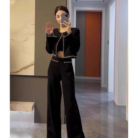 黑色小香风套装女高级秋冬新款显瘦减龄气质高腰阔腿裤两件套   服裝批發女裝批發服飾貨源