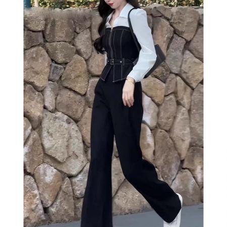 超火早秋新款一整套气质高级感简约大方得体仿牛仔衬衫套装裤   服裝批發女裝批發服飾貨源