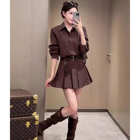 韩版复古气质长袖衬衫连衣裙女秋季高腰显瘦百搭休闲百褶裙两件套   服裝批發女裝批發服飾貨源