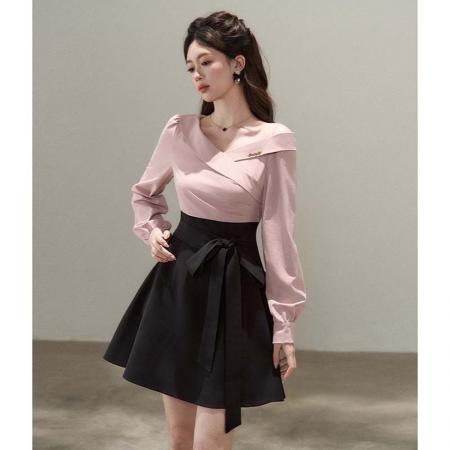 假两件设计v领斜肩长袖连衣裙女春秋高腰显瘦通勤a字短裙潮   服裝批發女裝批發服飾貨源