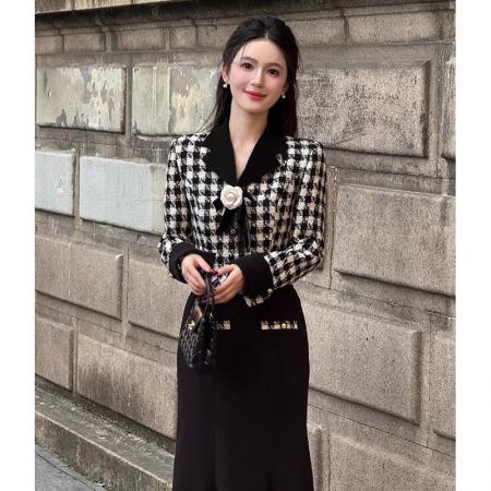 【两件套】【送领花】春秋千金风复古千鸟格外套鱼尾裙套装   服裝批發女裝批發服飾貨源