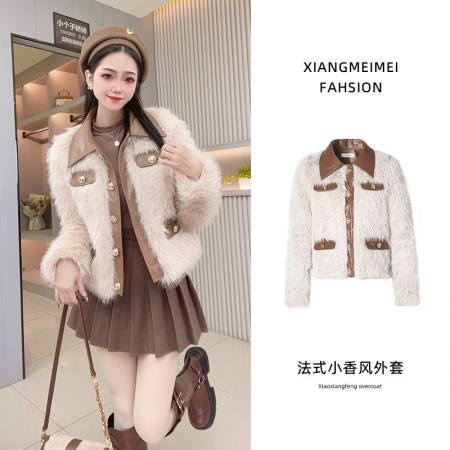 小香风毛毛外套女秋冬新款复古拼皮短款羔毛棉服小个子加厚   服裝批發女裝批發服飾貨源