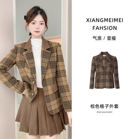 港风复古格子西装外套女春季赫本气质显瘦短外套   服裝批發女裝批發服飾貨源
