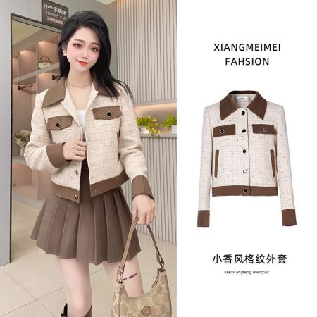 法式小香风重工拼色单排扣翻领短外套 服裝批發女裝批發服飾貨源