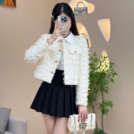 新款名媛圆领小香风短外套女秋季法式立体流苏长袖开衫外套  服裝批發女裝批發服飾貨源