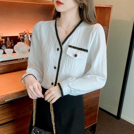 FA51095# 春装法式V领长袖衬衫气质通勤衬衣洋气小衫百搭上衣女 服裝批發女裝批發服飾貨源