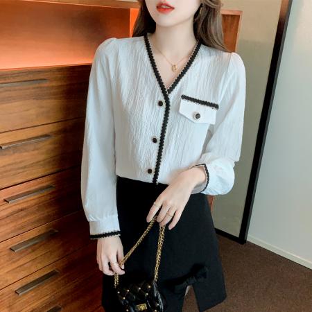 FA51095# 春装法式V领长袖衬衫气质通勤衬衣洋气小衫百搭上衣女 服裝批發女裝批發服飾貨源