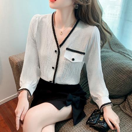 FA51095# 春装法式V领长袖衬衫气质通勤衬衣洋气小衫百搭上衣女 服裝批發女裝批發服飾貨源