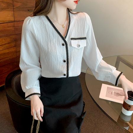 FA51095# 春装法式V领长袖衬衫气质通勤衬衣洋气小衫百搭上衣女 服裝批發女裝批發服飾貨源