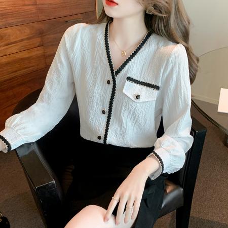 FA51095# 春装法式V领长袖衬衫气质通勤衬衣洋气小衫百搭上衣女 服裝批發女裝批發服飾貨源