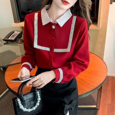 FA51096# 本命年春装新款衬衫女韩版百搭红色洋气时尚打底衫上衣 服裝批發女裝批發服飾貨源