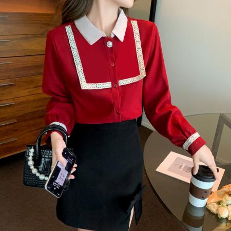 FA51096# 本命年春装新款衬衫女韩版百搭红色洋气时尚打底衫上衣 服裝批發女裝批發服飾貨源