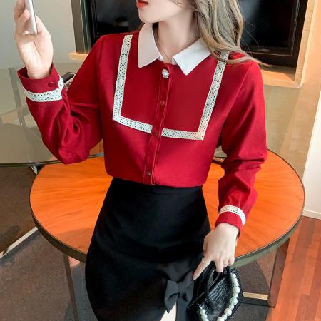 FA51096# 本命年春装新款衬衫女韩版百搭红色洋气时尚打底衫上衣 服裝批發女裝批發服飾貨源