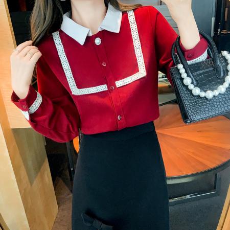 FA51096# 本命年春装新款衬衫女韩版百搭红色洋气时尚打底衫上衣 服裝批發女裝批發服飾貨源