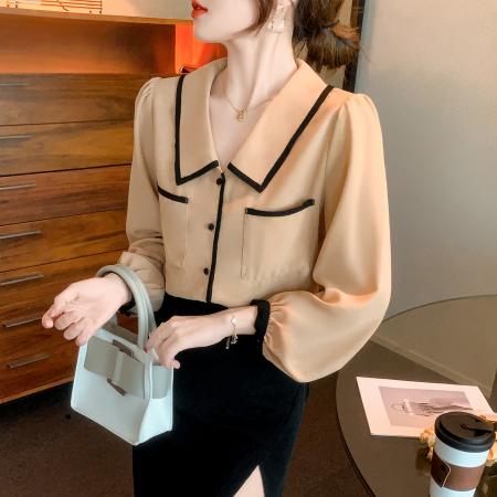 FA51097# 春装新款法式气质长袖衬衫设计感小众翻领通勤小衫上衣 服裝批發女裝批發服飾貨源