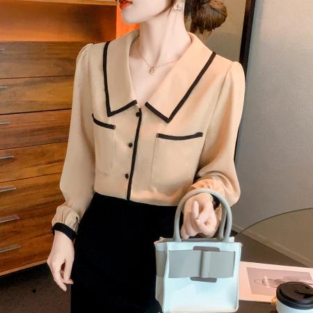 FA51097# 春装新款法式气质长袖衬衫设计感小众翻领通勤小衫上衣 服裝批發女裝批發服飾貨源