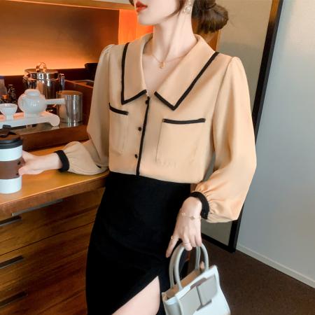 FA51097# 春装新款法式气质长袖衬衫设计感小众翻领通勤小衫上衣 服裝批發女裝批發服飾貨源