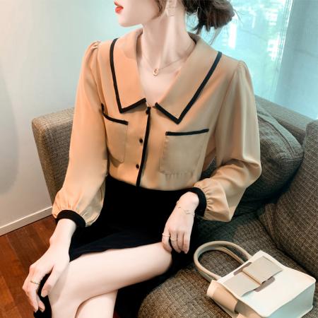 FA51097# 春装新款法式气质长袖衬衫设计感小众翻领通勤小衫上衣 服裝批發女裝批發服飾貨源