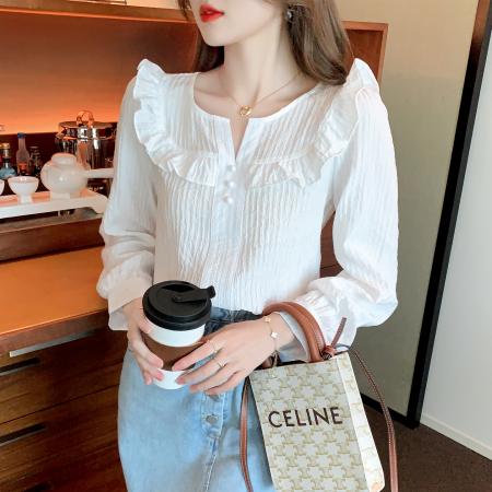 FA51098# 春装新款荷叶边白色衬衫气质长袖雪纺衫上衣洋气韩版女 服裝批發女裝批發服飾貨源