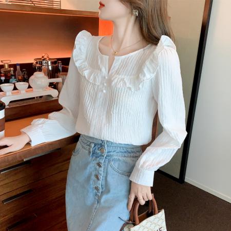 FA51098# 春装新款荷叶边白色衬衫气质长袖雪纺衫上衣洋气韩版女 服裝批發女裝批發服飾貨源