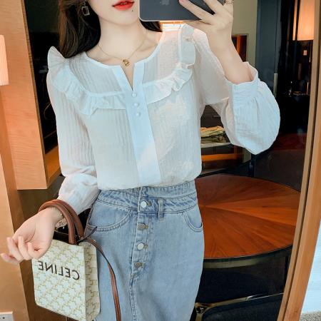 FA51098# 春装新款荷叶边白色衬衫气质长袖雪纺衫上衣洋气韩版女 服裝批發女裝批發服飾貨源