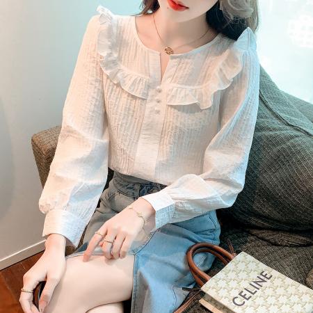 FA51098# 春装新款荷叶边白色衬衫气质长袖雪纺衫上衣洋气韩版女 服裝批發女裝批發服飾貨源