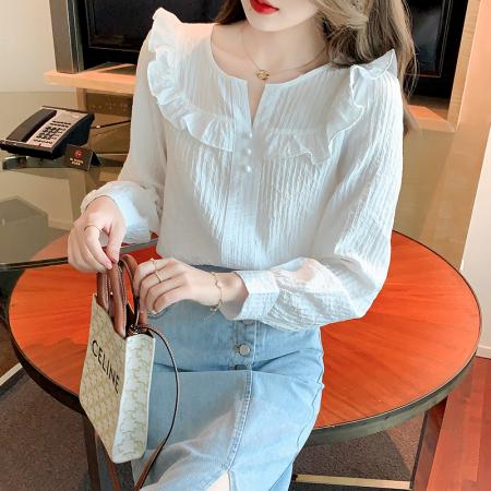 FA51098# 春装新款荷叶边白色衬衫气质长袖雪纺衫上衣洋气韩版女 服裝批發女裝批發服飾貨源