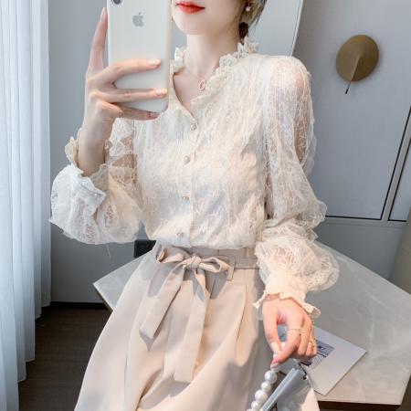 FA51099# 春装新款蕾丝衬衫女法式洋气长袖雪纺上衣V领气质衬衫 服裝批發女裝批發服飾貨源